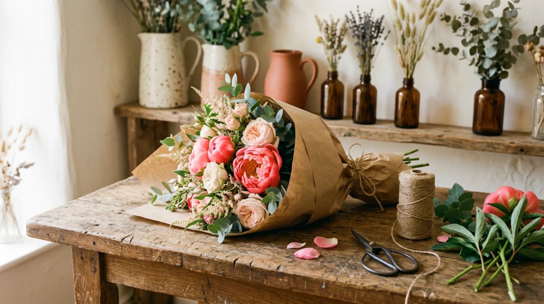 A hand-tied bouquet on the workbench